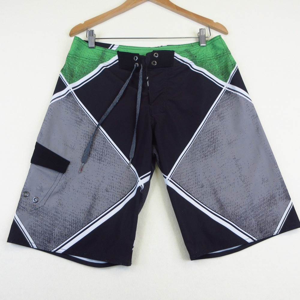 Tony Hawk Board Shorts Mens 30 Black Green‎ Geometric Performance Surf Swim